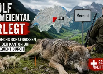 Wolf Meiental erlegt – Symbolbild zeigt einen erlegten Wolf im Schweizer Meiental, Schafe auf einer Alp und einen Wildhüter des Kantons Uri nach dem vollzogenen Abschuss.