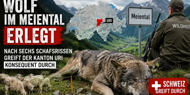 Wolf Meiental erlegt – Symbolbild zeigt einen erlegten Wolf im Schweizer Meiental, Schafe auf einer Alp und einen Wildhüter des Kantons Uri nach dem vollzogenen Abschuss.