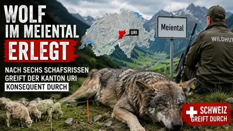 Wolf Meiental erlegt – Symbolbild zeigt einen erlegten Wolf im Schweizer Meiental, Schafe auf einer Alp und einen Wildhüter des Kantons Uri nach dem vollzogenen Abschuss.