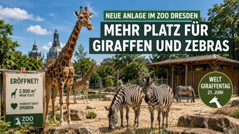 Die neue Zoo Dresden Giraffenanlage zeigt mehrere Giraffen und Zebras auf einer vergrößerten Außenanlage, die durch Spenden finanziert wurde.