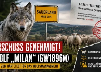 Wolf Milan GW1896m steht vor einer Schafherde im Sauerland. Im Hintergrund symbolisiert eine Abschussgenehmigung die Debatte um Wolfsmanagement, Nutztierschutz und den Umgang mit Problemwölfen.