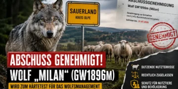 Wolf Milan GW1896m steht vor einer Schafherde im Sauerland. Im Hintergrund symbolisiert eine Abschussgenehmigung die Debatte um Wolfsmanagement, Nutztierschutz und den Umgang mit Problemwölfen.