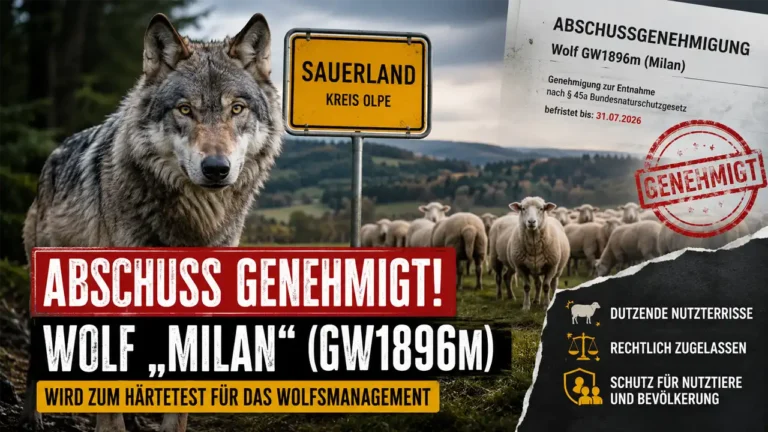 Wolf Milan GW1896m steht vor einer Schafherde im Sauerland. Im Hintergrund symbolisiert eine Abschussgenehmigung die Debatte um Wolfsmanagement, Nutztierschutz und den Umgang mit Problemwölfen.