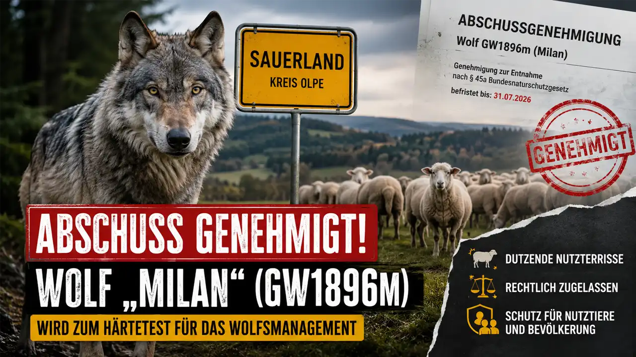 Wolf Milan GW1896m steht vor einer Schafherde im Sauerland. Im Hintergrund symbolisiert eine Abschussgenehmigung die Debatte um Wolfsmanagement, Nutztierschutz und den Umgang mit Problemwölfen.