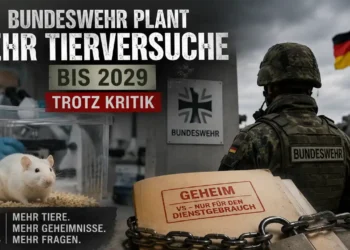 Bundeswehr Tierversuche: Symbolbild mit Bundeswehrsoldat, Laborszene, Versuchstier und als geheim eingestuften Dokumenten, die den geplanten Anstieg militärischer Tierversuche bis 2029 thematisieren.
