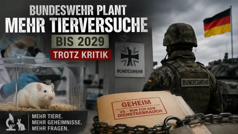 Bundeswehr Tierversuche: Symbolbild mit Bundeswehrsoldat, Laborszene, Versuchstier und als geheim eingestuften Dokumenten, die den geplanten Anstieg militärischer Tierversuche bis 2029 thematisieren.