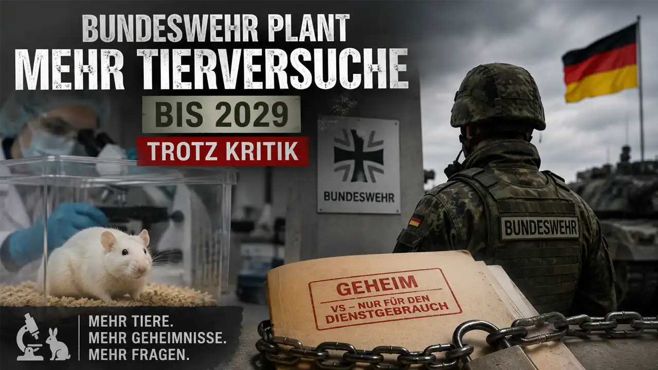 Bundeswehr plant mehr Tierversuche bis 2029 – Kritik an geheimer Forschung wächst 1 Bundeswehr Tierversuche: Symbolbild mit Bundeswehrsoldat, Laborszene, Versuchstier und als geheim eingestuften Dokumenten, die den geplanten Anstieg militärischer Tierversuche bis 2029 thematisieren.