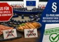 Titelbild zum Thema Fleischersatznamen: Das EU-Parlament beschließt neue Regeln für pflanzliche Produkte. Zu sehen sind vegane Fleischalternativen, ein Stoppschild und ein Symbol für neue EU-Vorgaben.