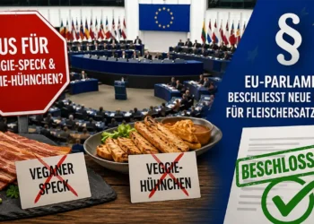 56 Titelbild zum Thema Fleischersatznamen: Das EU-Parlament beschließt neue Regeln für pflanzliche Produkte. Zu sehen sind vegane Fleischalternativen, ein Stoppschild und ein Symbol für neue EU-Vorgaben.