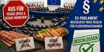 EU-Parlament beschließt neue Regeln: Aus für „veganen Speck“ und „Veggie-Hühnchen“ 46 Titelbild zum Thema Fleischersatznamen: Das EU-Parlament beschließt neue Regeln für pflanzliche Produkte. Zu sehen sind vegane Fleischalternativen, ein Stoppschild und ein Symbol für neue EU-Vorgaben.