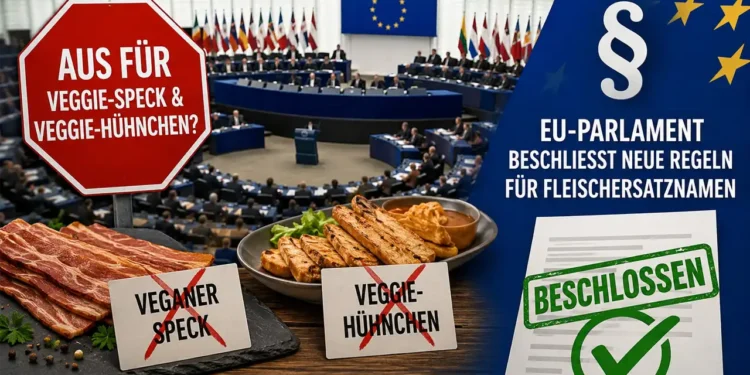 Titelbild zum Thema Fleischersatznamen: Das EU-Parlament beschließt neue Regeln für pflanzliche Produkte. Zu sehen sind vegane Fleischalternativen, ein Stoppschild und ein Symbol für neue EU-Vorgaben.
