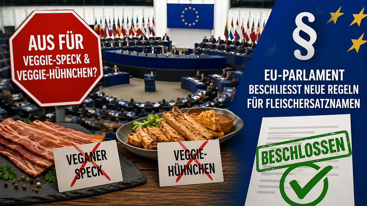 Titelbild zum Thema Fleischersatznamen: Das EU-Parlament beschließt neue Regeln für pflanzliche Produkte. Zu sehen sind vegane Fleischalternativen, ein Stoppschild und ein Symbol für neue EU-Vorgaben.
