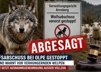 Wolfsabschuss Olpe: Ein Wolf steht im Vordergrund, während im Hintergrund Schafe und ein Gerichtshammer den vorläufig gestoppten Abschuss im Kreis Olpe symbolisieren.
