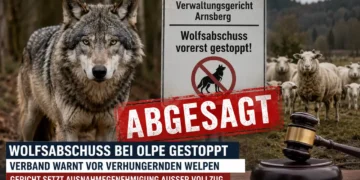 Wolfsabschuss Olpe: Ein Wolf steht im Vordergrund, während im Hintergrund Schafe und ein Gerichtshammer den vorläufig gestoppten Abschuss im Kreis Olpe symbolisieren.