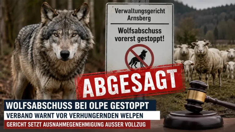 Wolfsabschuss Olpe: Ein Wolf steht im Vordergrund, während im Hintergrund Schafe und ein Gerichtshammer den vorläufig gestoppten Abschuss im Kreis Olpe symbolisieren.