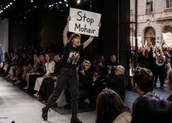 Protestaktion während einer Modenschau: Eine Aktivistin hält ein „Stop Mohair“-Plakat hoch. Das Titelbild zum Thema PETA Paul Smith Mohair zeigt die Debatte zwischen Tierrechtsaktivismus und Modeindustrie.