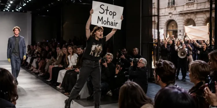 PETA stürmt Paul-Smith-Show in Mailand: Provokation statt Dialog? 11 Protestaktion während einer Modenschau: Eine Aktivistin hält ein „Stop Mohair“-Plakat hoch. Das Titelbild zum Thema PETA Paul Smith Mohair zeigt die Debatte zwischen Tierrechtsaktivismus und Modeindustrie.