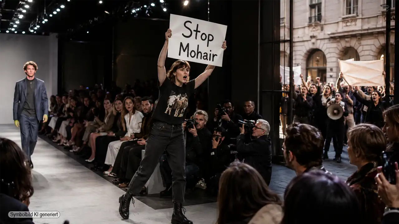 PETA stürmt Paul-Smith-Show in Mailand: Provokation statt Dialog? 1 Protestaktion während einer Modenschau: Eine Aktivistin hält ein „Stop Mohair“-Plakat hoch. Das Titelbild zum Thema PETA Paul Smith Mohair zeigt die Debatte zwischen Tierrechtsaktivismus und Modeindustrie.