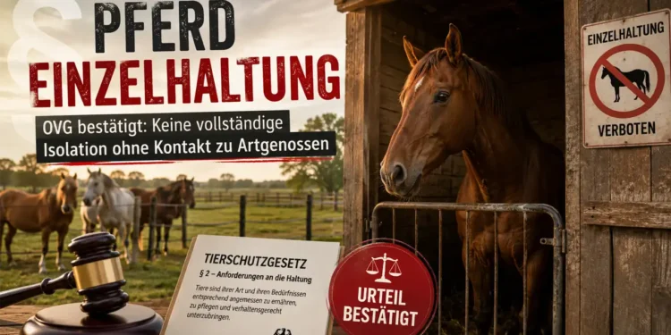 Pferd Einzelhaltung: Symbolbild eines allein stehenden Pferdes im Stall, während im Hintergrund weitere Pferde und Hinweise auf ein Gerichtsurteil zum Tierschutz zu sehen sind.