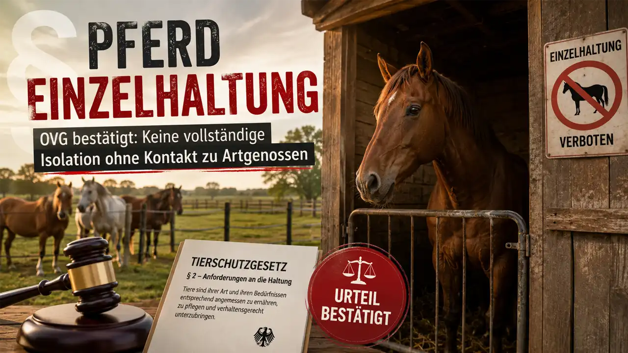 Pferd Einzelhaltung: Symbolbild eines allein stehenden Pferdes im Stall, während im Hintergrund weitere Pferde und Hinweise auf ein Gerichtsurteil zum Tierschutz zu sehen sind.