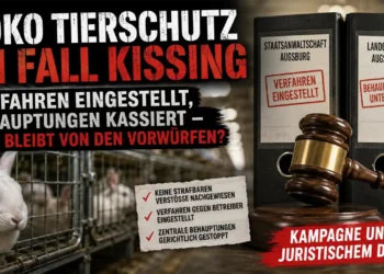 SOKO Tierschutz unter Druck: Staatsanwaltschaft stellt Verfahren gegen Betreiber des Kaninchenbetriebs Kissing ein 12 Titelbild zum Fall SOKO Tierschutz Kissing mit Kaninchenhaltung, Aktenordnern der Justiz und Symbolen für eingestellte Verfahren und juristische Auseinandersetzungen.