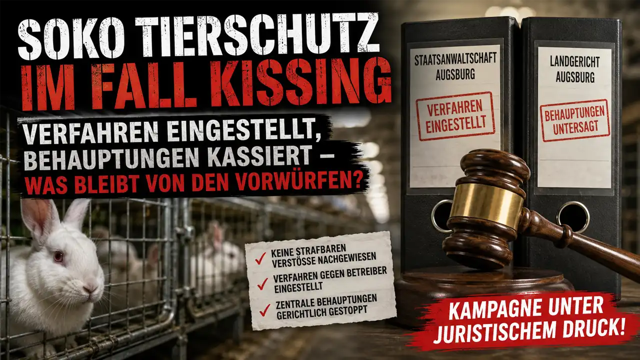 Titelbild zum Fall SOKO Tierschutz Kissing mit Kaninchenhaltung, Aktenordnern der Justiz und Symbolen für eingestellte Verfahren und juristische Auseinandersetzungen.