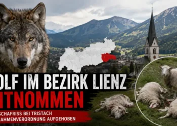 Wolf Lienz: Symbolbild eines Wolfs vor alpiner Kulisse in Osttirol. Nach einem Schafriss bei Tristach wurde ein als Risikowolf eingestuftes Tier entnommen.
