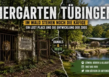 Titelbild zum Tiergarten Tübingen: Gegenüberstellung des historischen Lost-Place-Zoos mit verfallenen Käfigen und einer modernen Zooanlage als Symbol für die Entwicklung der Tierhaltung.