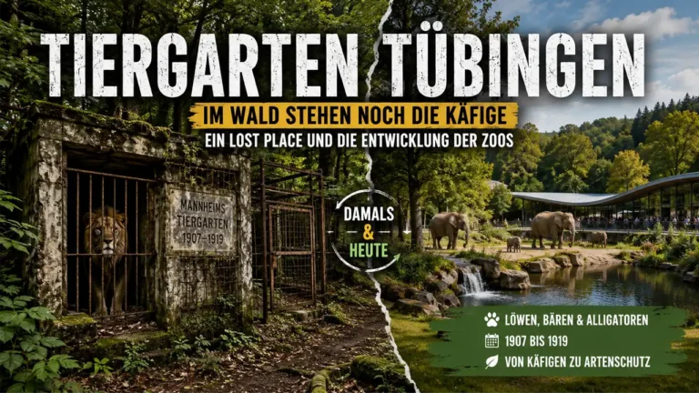 Titelbild zum Tiergarten Tübingen: Gegenüberstellung des historischen Lost-Place-Zoos mit verfallenen Käfigen und einer modernen Zooanlage als Symbol für die Entwicklung der Tierhaltung.