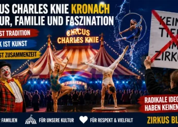 Circus Charles Knie Kronach mit beleuchtetem Zirkuszelt, Artisten und Familienpublikum. Das Bild symbolisiert Zirkuskultur und die Ablehnung radikaler Tierrechtsideologien.
