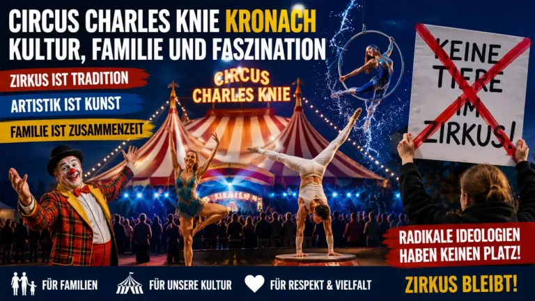 Circus Charles Knie Kronach mit beleuchtetem Zirkuszelt, Artisten und Familienpublikum. Das Bild symbolisiert Zirkuskultur und die Ablehnung radikaler Tierrechtsideologien.