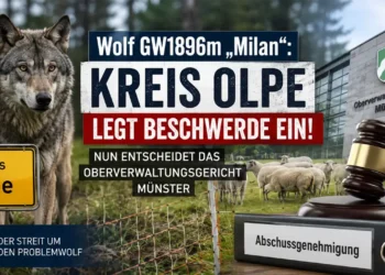 Wolf GW1896m Abschuss: Symbolbild mit Wolf „Milan“, Schafen und Justizsymbolen zum Beschwerdeverfahren des Kreises Olpe vor dem Oberverwaltungsgericht Münster.