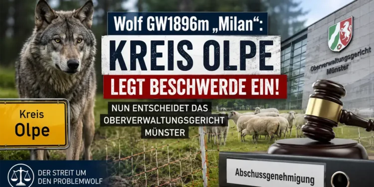 Wolf GW1896m Abschuss: Symbolbild mit Wolf „Milan“, Schafen und Justizsymbolen zum Beschwerdeverfahren des Kreises Olpe vor dem Oberverwaltungsgericht Münster.