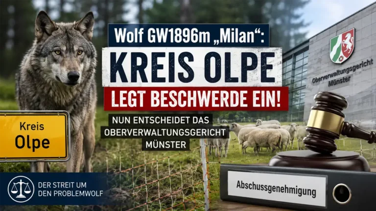 Wolf GW1896m Abschuss: Symbolbild mit Wolf „Milan“, Schafen und Justizsymbolen zum Beschwerdeverfahren des Kreises Olpe vor dem Oberverwaltungsgericht Münster.