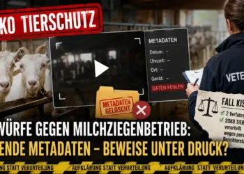 SOKO Tierschutz im Fokus: Symbolbild mit Milchziegen, fehlenden Metadaten und Veterinäramt zur Illustration der Diskussion um die Beweiskraft der Videoaufnahmen.