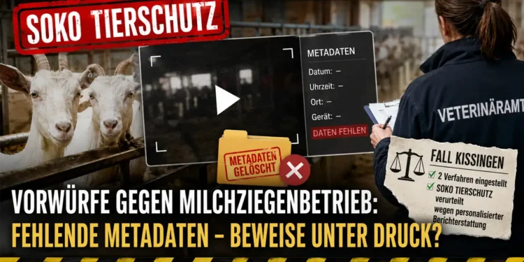 SOKO Tierschutz im Fokus: Symbolbild mit Milchziegen, fehlenden Metadaten und Veterinäramt zur Illustration der Diskussion um die Beweiskraft der Videoaufnahmen.