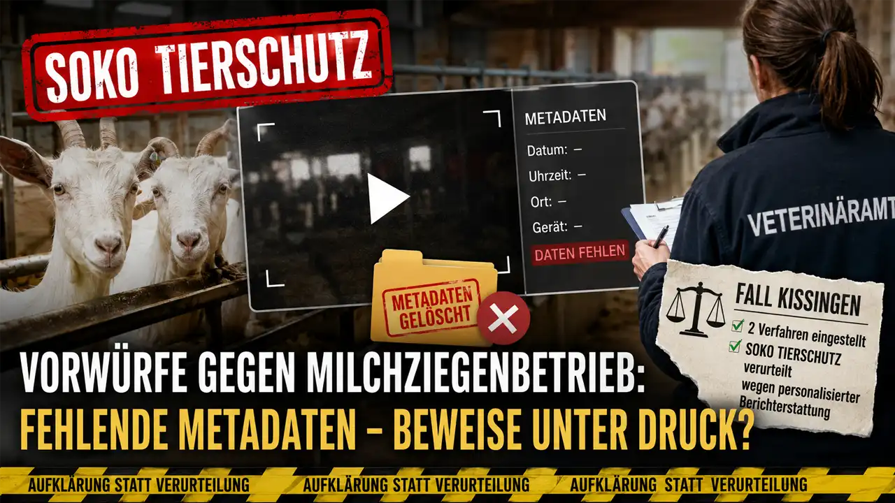 SOKO Tierschutz im Fokus: Symbolbild mit Milchziegen, fehlenden Metadaten und Veterinäramt zur Illustration der Diskussion um die Beweiskraft der Videoaufnahmen.