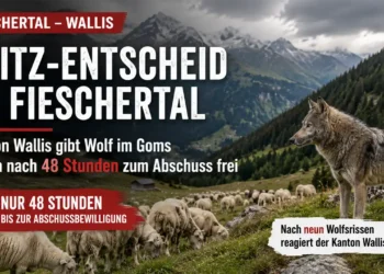 Wolf Fieschertal Abschuss: Schafherde auf einer Alp im Walliser Fieschertal mit einem Wolf vor alpiner Bergkulisse als Symbolbild für die Abschussbewilligung.
