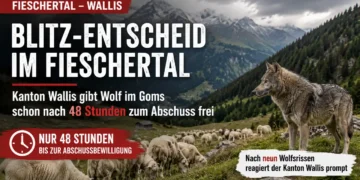 Wolf Fieschertal Abschuss: Schafherde auf einer Alp im Walliser Fieschertal mit einem Wolf vor alpiner Bergkulisse als Symbolbild für die Abschussbewilligung.