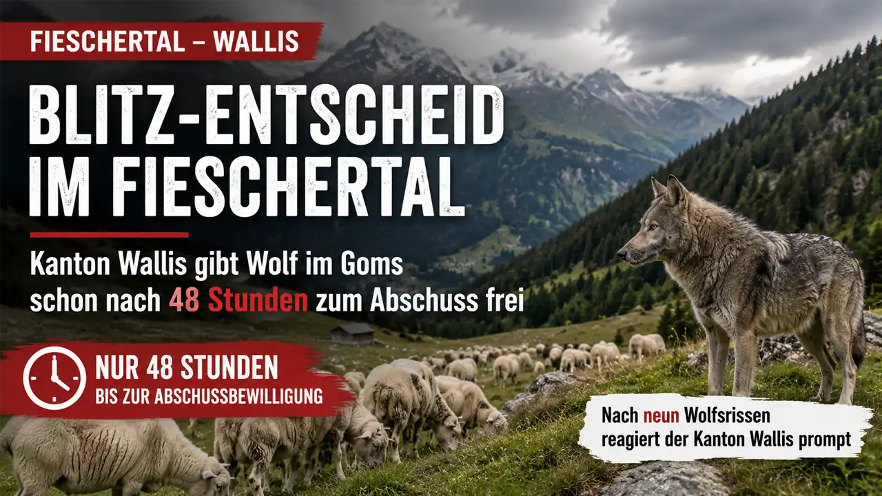Wolf Fieschertal Abschuss: Schafherde auf einer Alp im Walliser Fieschertal mit einem Wolf vor alpiner Bergkulisse als Symbolbild für die Abschussbewilligung.