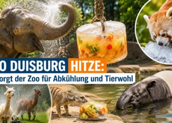 Zoo Duisburg Hitze: Ein Elefant, ein Roter Panda, Alpakas und weitere Zootiere kühlen sich mit Eisbomben, Wasser und Sprinklern an heißen Sommertagen ab.
