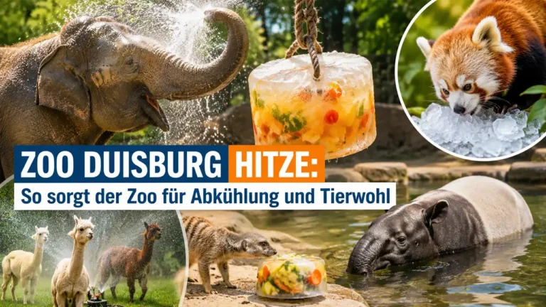 Zoo Duisburg Hitze: Ein Elefant, ein Roter Panda, Alpakas und weitere Zootiere kühlen sich mit Eisbomben, Wasser und Sprinklern an heißen Sommertagen ab.