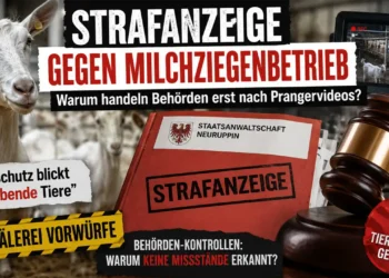 Strafanzeige Milchziegenbetrieb: Symbolbild mit Milchziege, Gerichtsakten und Richterhammer zur Strafanzeige nach Tierschutzvorwürfen gegen einen Betrieb bei Perleberg.