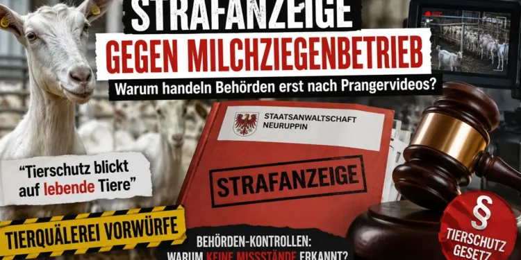 Strafanzeige Milchziegenbetrieb: Symbolbild mit Milchziege, Gerichtsakten und Richterhammer zur Strafanzeige nach Tierschutzvorwürfen gegen einen Betrieb bei Perleberg.