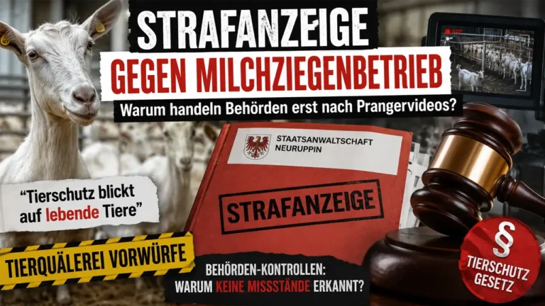 Strafanzeige Milchziegenbetrieb: Symbolbild mit Milchziege, Gerichtsakten und Richterhammer zur Strafanzeige nach Tierschutzvorwürfen gegen einen Betrieb bei Perleberg.