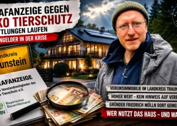 Soko Tierschutz Strafanzeige: Symbolisches Titelbild mit Vereinsimmobilie, Geldscheinen, Ermittlungsakte und Lupe. Im Vordergrund steht Friedrich Mülln, während das Bild die laufenden Ermittlungen und offene Fragen zur Vereinsimmobilie und Spendengeldern visualisiert.