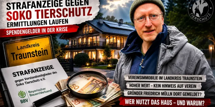 Soko Tierschutz Strafanzeige: Symbolisches Titelbild mit Vereinsimmobilie, Geldscheinen, Ermittlungsakte und Lupe. Im Vordergrund steht Friedrich Mülln, während das Bild die laufenden Ermittlungen und offene Fragen zur Vereinsimmobilie und Spendengeldern visualisiert.