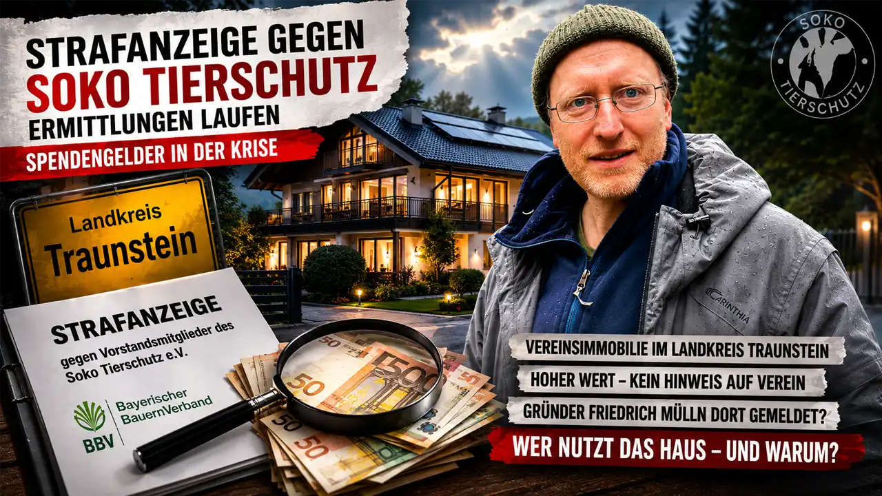 Soko Tierschutz Strafanzeige: Symbolisches Titelbild mit Vereinsimmobilie, Geldscheinen, Ermittlungsakte und Lupe. Im Vordergrund steht Friedrich Mülln, während das Bild die laufenden Ermittlungen und offene Fragen zur Vereinsimmobilie und Spendengeldern visualisiert.