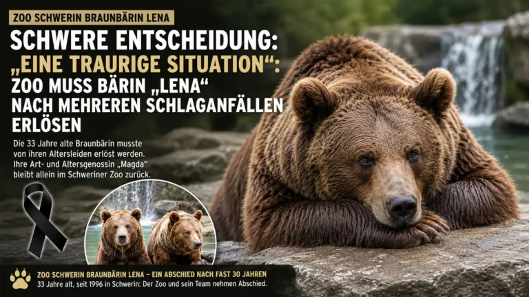 Zoo Schwerin Braunbärin Lena: Trauriges Titelbild mit einer Europäischen Braunbärin und Trauerschleife zum Abschied der 33-jährigen Lena nach mehreren Schlaganfällen.
