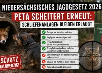 Titelbild zum Niedersächsisches Jagdgesetz: Fuchs im Bau, Jagdhund, Gesetzessymbol und Katze im Fadenkreuz zeigen die umstrittene Reform.